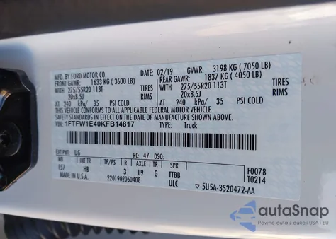 2019 Ford F-150 Lariat from USA, damaged, VIN 1FTFW1E40KFB14817